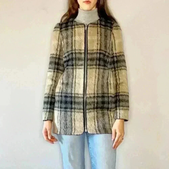 Aritzia Wilfred Laboratoire Mohair Alpaca Plaid Zip-Up Coat Size Small - Picture 1 of 12